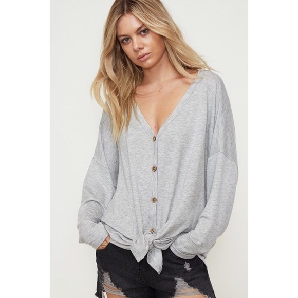 •LAST 1• Heather Gray Button Front Tie-Up Top - Picture 2 of 5